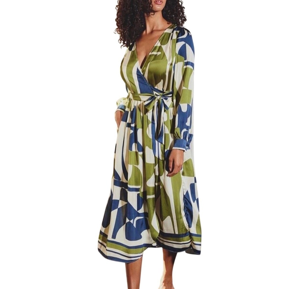 Dress Forum Los Angeles‎ Abstract Print Satin Wrap Midi Dress Green Navy Large